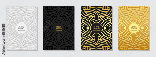 Cover set, vertical templates. Collection of embossed geometric backgrounds with abstract 3D pattern, golden texture. Tribal color, heritage of the East, Asia, India, Mexico, Aztec, Peru.