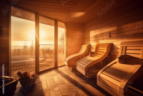 An image showcasing a tranquil sauna room with soft lighting, wooden interior, and comfortable seating, creating an inviting atmosphere for relaxation and wellness. Generative AI
