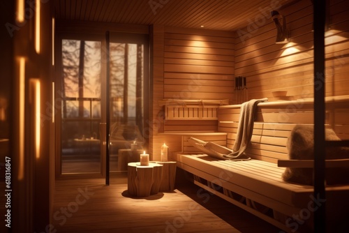 An image showcasing a tranquil sauna room with soft lighting, wooden interior, and comfortable seating, creating an inviting atmosphere for relaxation and wellness. Generative AI