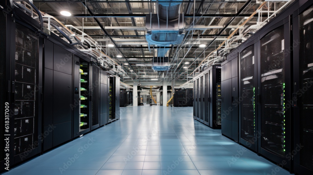 Depict a state of the art data center with rows of server racks, cooling systems, and redundant power supplies Depict a state of the art data center with rows of server racks, cooling systems, and redundant power supplies