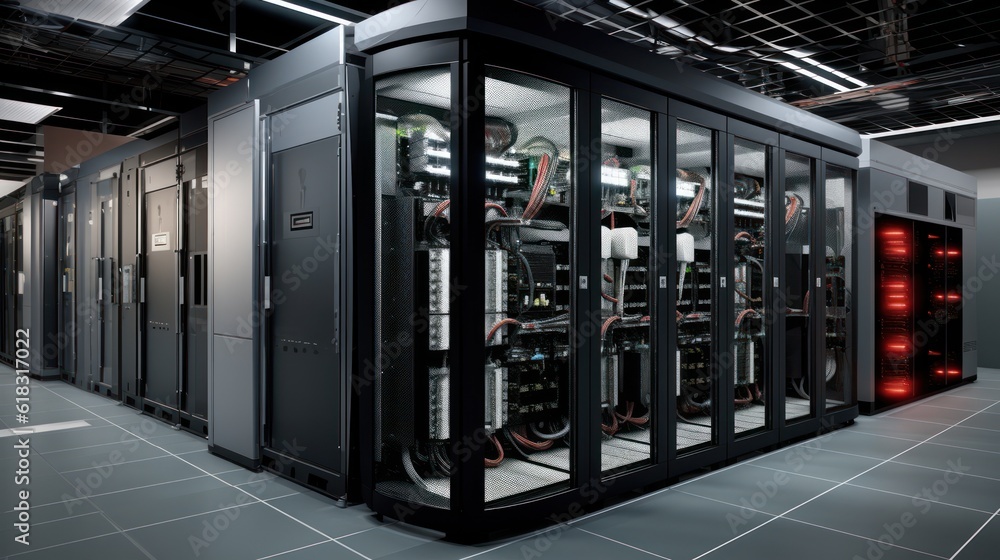 Depict a state of the art data center with rows of server racks, cooling systems, and redundant power supplies Depict a state of the art data center with rows of server racks, cooling systems, and redundant power supplies