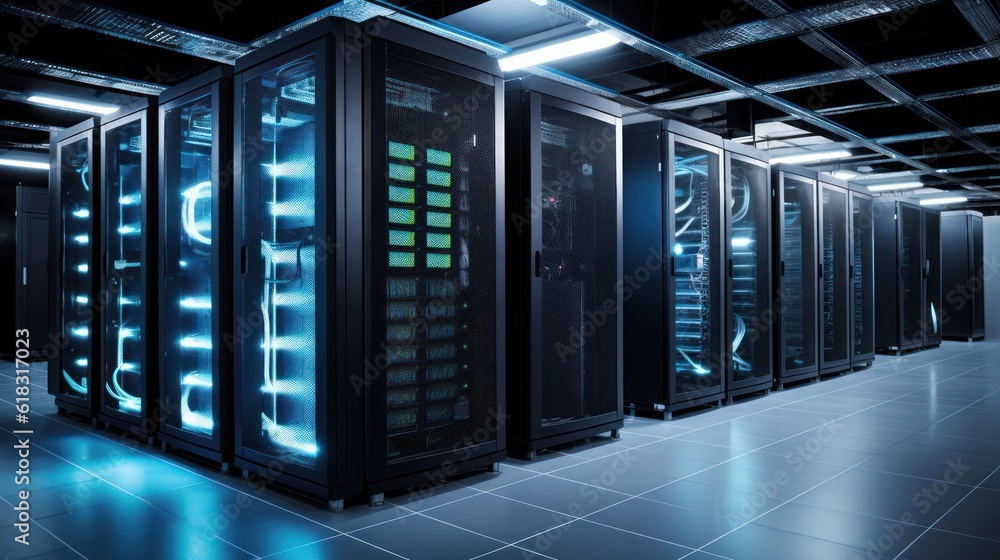 Depict a state of the art data center with rows of server racks, cooling systems, and redundant power supplies Depict a state of the art data center with rows of server racks, cooling systems, and redundant power supplies