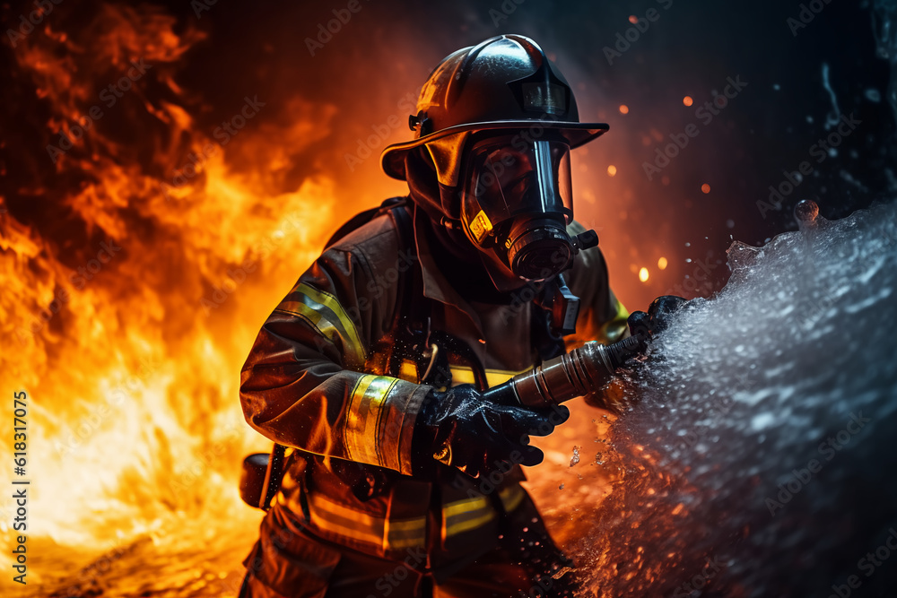 fireman using water and extinguisher to fighting fireman using water and extinguisher to fighting