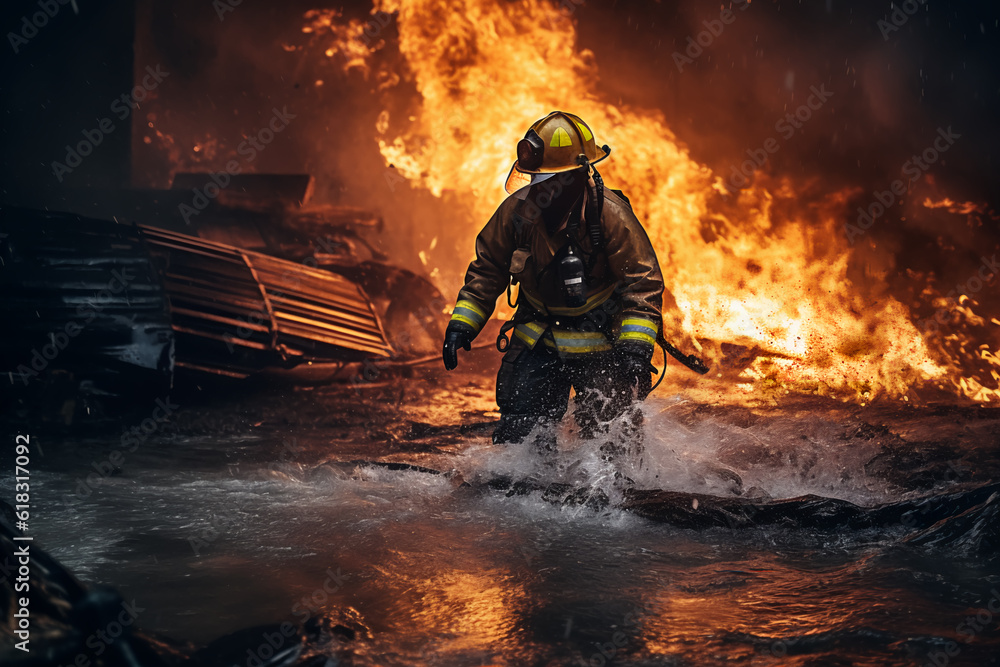 fireman using water and extinguisher to fighting fireman using water and extinguisher to fighting