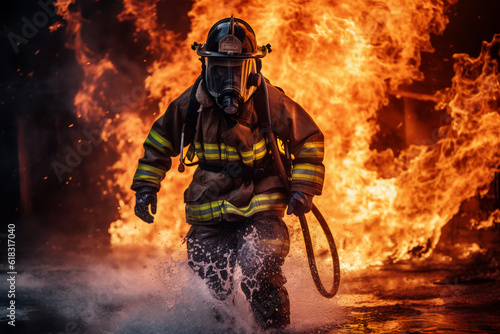 fireman using water and extinguisher to fighting