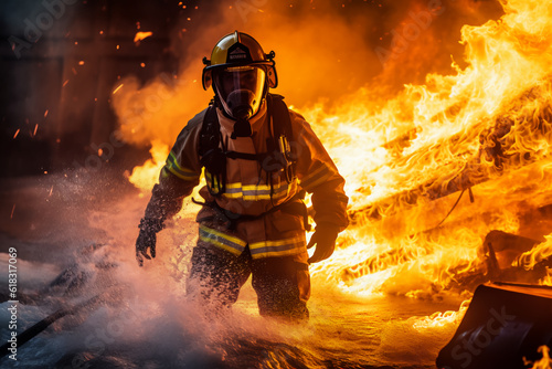 fireman using water and extinguisher to fighting