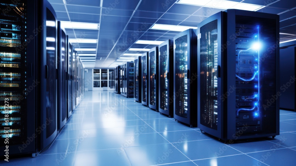 Depict a state of the art data center with rows of server racks, cooling systems, and redundant power supplies Depict a state of the art data center with rows of server racks, cooling systems, and redundant power supplies