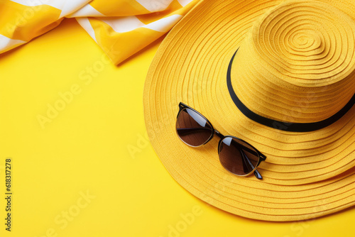 beach accessories on the yellow background, sunglasses, towel, striped hat, summer background, yellow travel background,