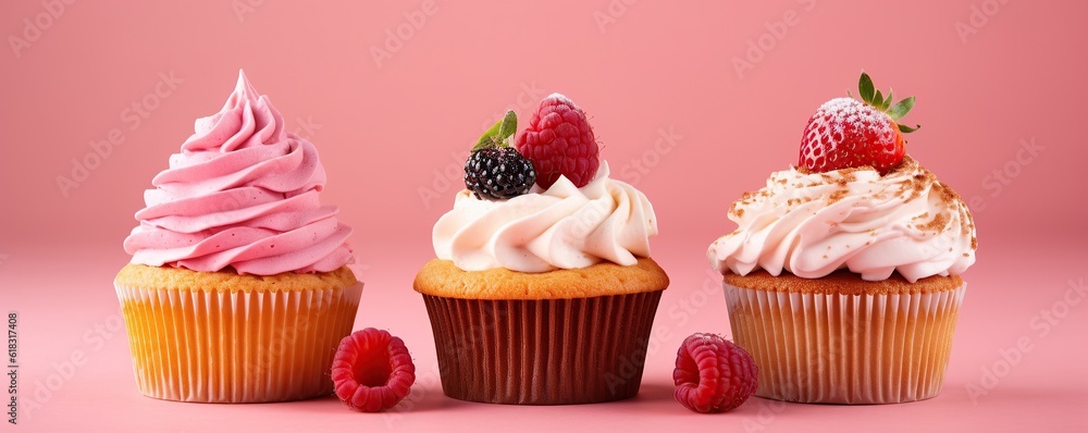 cupcakes with berrries on top on pink background cupcakes with berrries on top on pink background