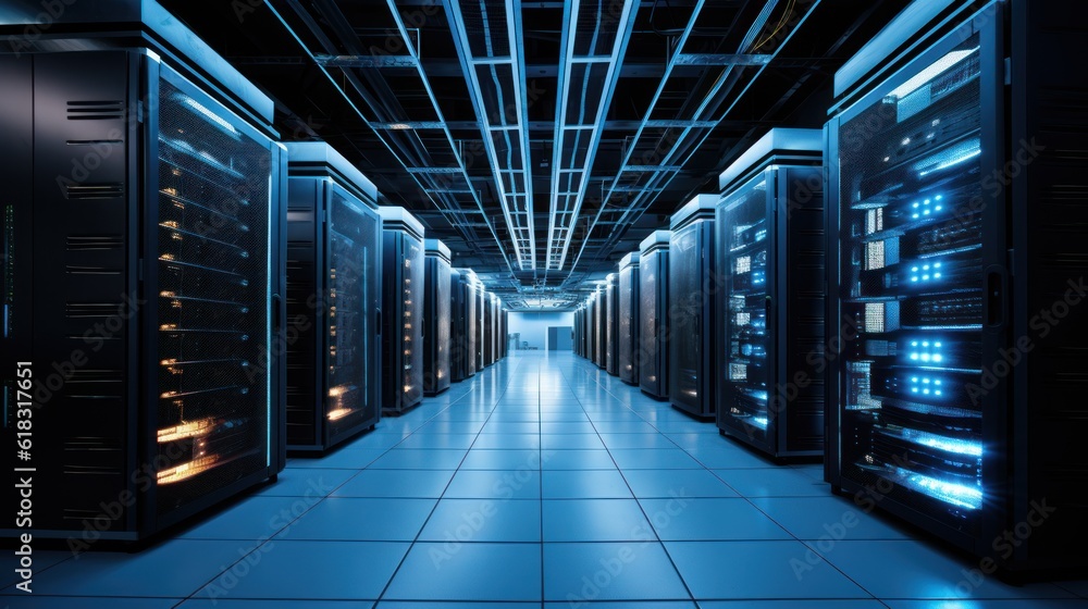 Depict a state of the art data center with rows of server racks, cooling systems, and redundant power supplies Depict a state of the art data center with rows of server racks, cooling systems, and redundant power supplies