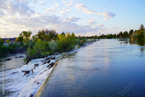 Waterfall on the Snake River in central city Idaho Falls