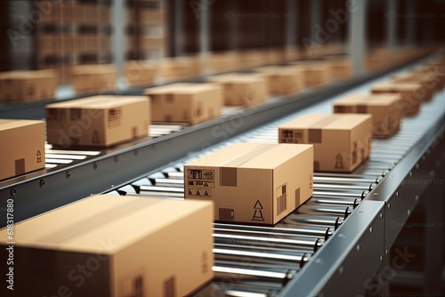 Closeup of multiple cardboard box packages seamlessly moving along a conveyor belt in a warehouse fulfillment center, a snapshot of e-commerce, delivery, automation and products © Adriana