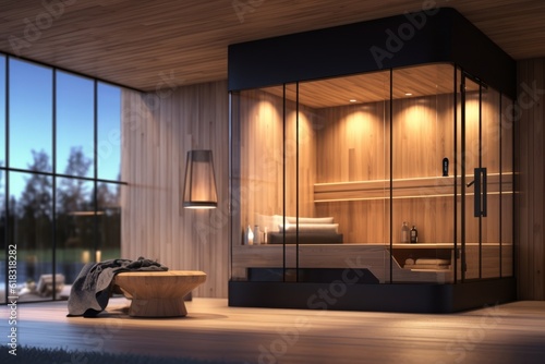A stylish image featuring a beautifully designed sauna room with modern aesthetics, showcasing the integration of a sauna into a contemporary living or wellness space. Generative AI