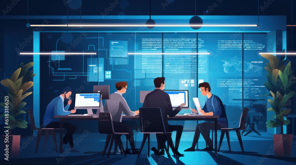 A scene showcasing a team of software developers coding, collaborating, and testing applications in a modern development environment A scene showcasing a team of software developers coding, collaborating, and testing applications in a modern development environment
