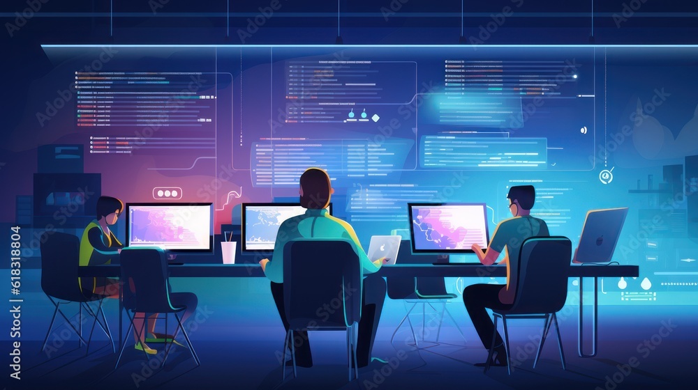 A scene showcasing a team of software developers coding, collaborating, and testing applications in a modern development environment A scene showcasing a team of software developers coding, collaborating, and testing applications in a modern development environment