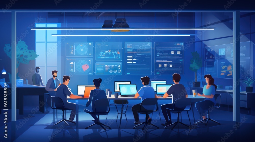 A scene showcasing a team of software developers coding, collaborating, and testing applications in a modern development environment A scene showcasing a team of software developers coding, collaborating, and testing applications in a modern development environment