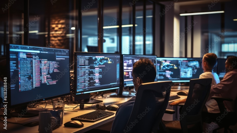 A scene showcasing a team of software developers coding, collaborating, and testing applications in a modern development environment A scene showcasing a team of software developers coding, collaborating, and testing applications in a modern development environment