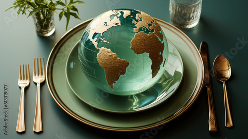 Globe on a plate with fork and knife on a light background, Wworld Food Day concept background wallpaper photo