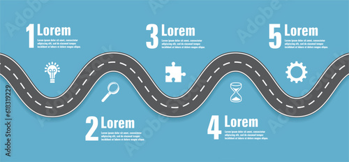 Infographic with road with five steps. Icon material to illustratrate. Vector illustration.
