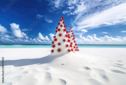 christmas tree with red christmas ball on the beach. generative AI