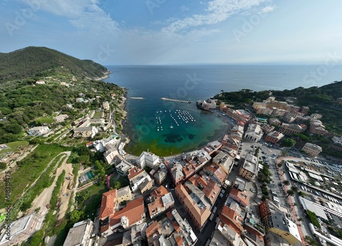 Panoramic aerial view of the Bay of Silence in Sestri Levante, a town in the Cinque Terre region of Ligura, Italy photo