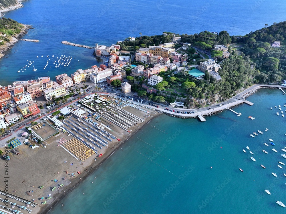 Panoramic aerial view of the Bay of Silence in Sestri Levante, a town in the Cinque Terre region of Ligura, Italy