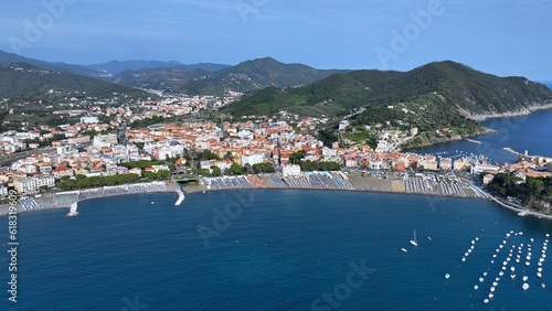 Fototapeta Naklejka Na Ścianę i Meble -  Panoramic aerial view of the Bay of Silence in Sestri Levante, a town in the Cinque Terre region of Ligura, Italy