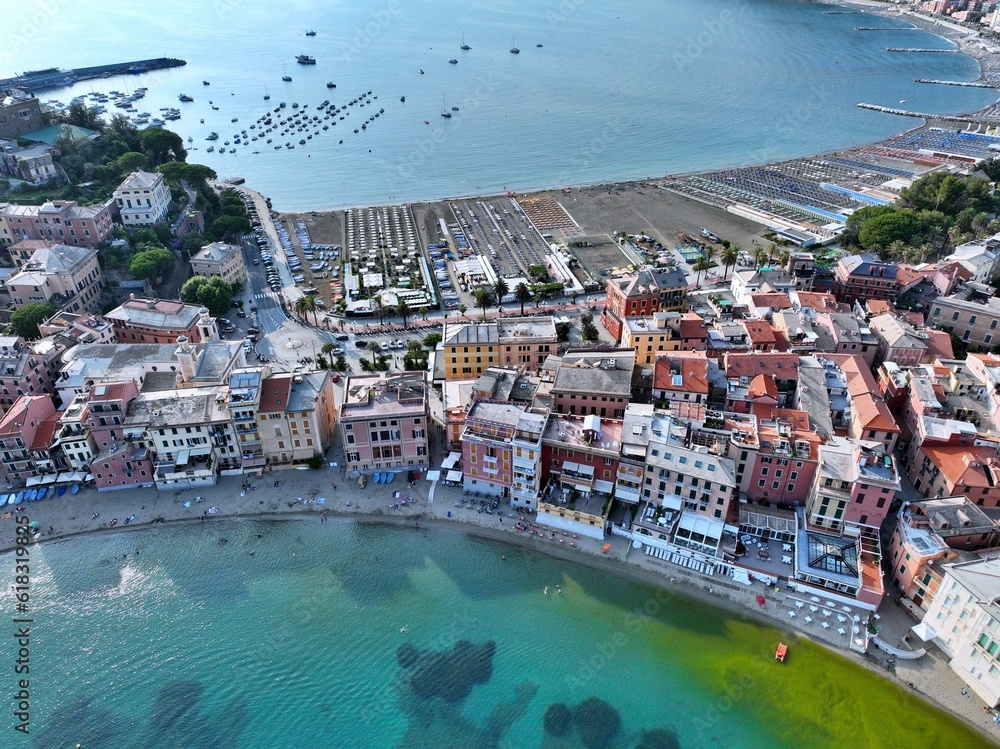 Panoramic aerial view of the Bay of Silence in Sestri Levante, a town in the Cinque Terre region of Ligura, Italy