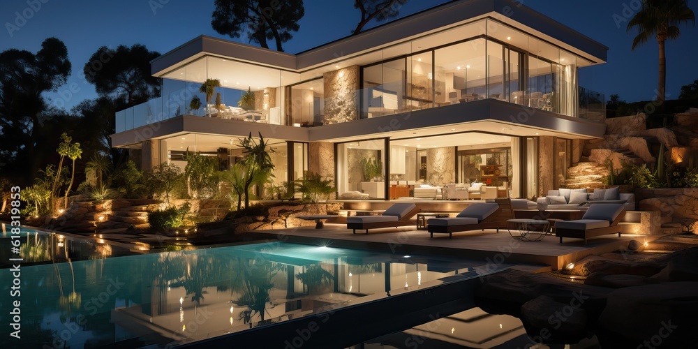 Amazing contemporary villa with pool, generative ai