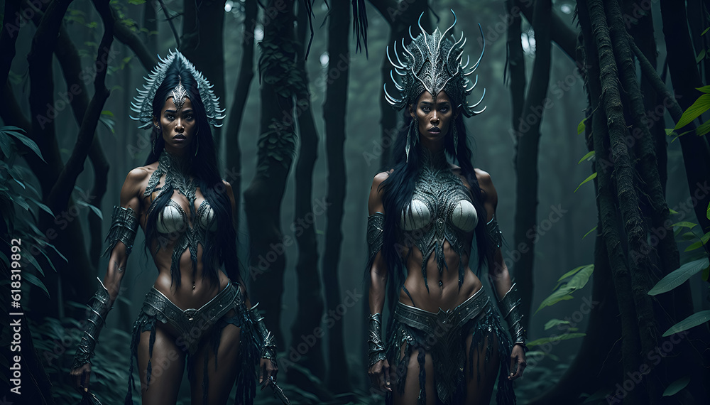 Two fantasy amazon females Ranger with tribal face paint wearing iron armor, generative AI