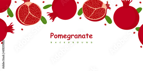 Pomegranate vector background, border or frame. Beautiful composition whole and cut in half Red garnet or pomegranate fruits on white background for banner, poster and packaging. Vector illustration