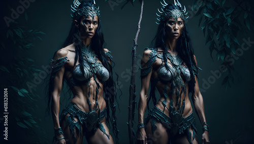 Two fantasy amazon females Ranger with tribal face paint wearing iron armor, generative AI