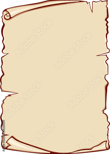 Vertical scroll unrolled old papyrus. Ancient scroll with copyspace. Vector illustrations in color cartoon style isolated on white. Design for print. Banner parchment with space for text
