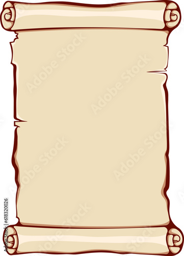 Vertical scroll unrolled paper. Ancient scroll with copyspace. Vector illustrations in color cartoon style isolated on white. Simple graphic for print. Banner parchment with space for text