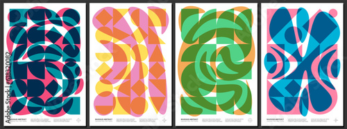 Abstract geometric bauhaus artworks. Simple shapes and flowing liquid combination poster set. Memphis pattern background collection. Retro modern trendy graphic paintings. Postmodern art print design