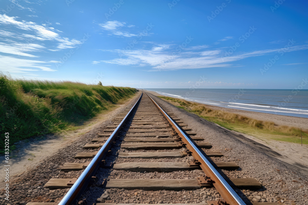 Railway by the seaside with a grassy hill Railway by the seaside with a grassy hill