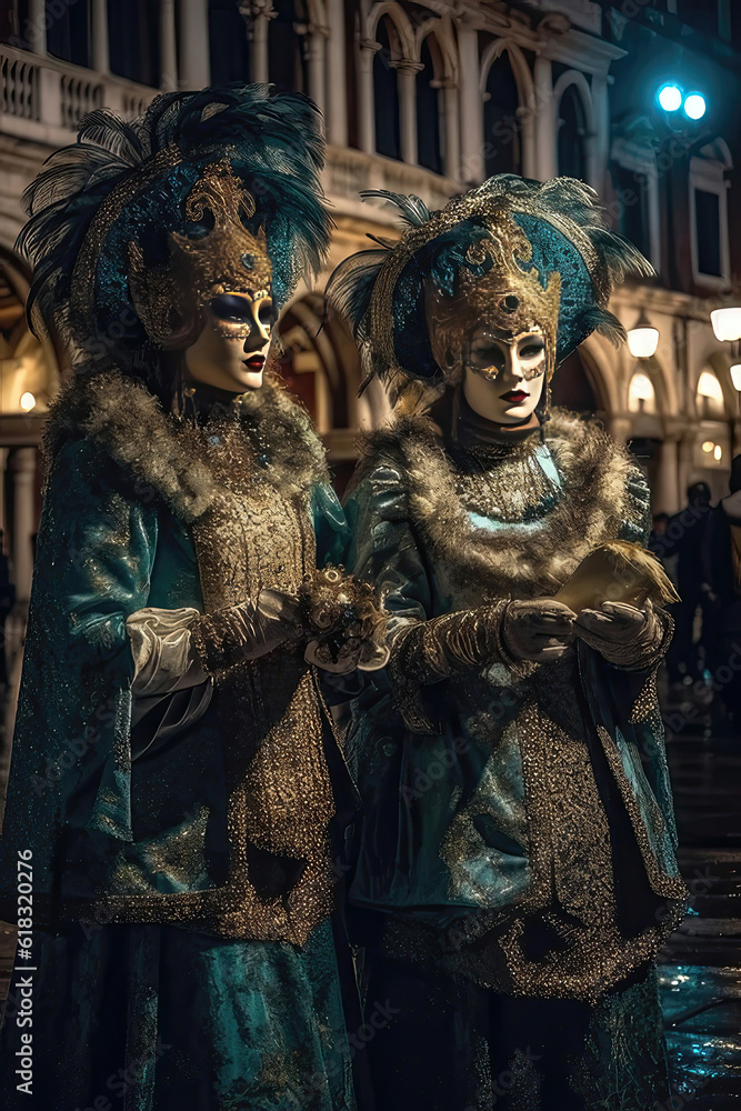 women with blue and gold  costumes and carnival masks in Venice .