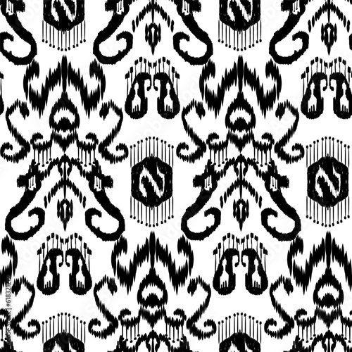Seamless Ikat Pattern. Abstract black and white background for textile design, wallpaper, surface textures. ATLAS ADRAS ABAYAS