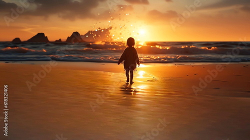 small baby walk on sunset at beach sand  sunbeam flares and reflection on sea water  generated ai