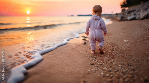 small baby walk on sunset at beach sand ,sunbeam flares and reflection on sea water ,generated ai