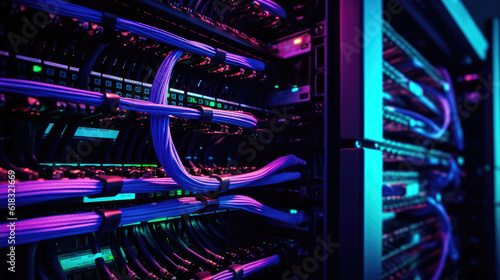 Billede på lærred Close-up shot of networking cable management located in the server room