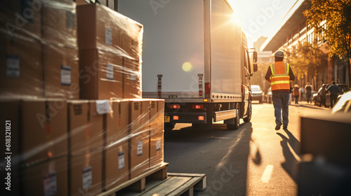 photo Outside of Logistics Retailer Warehouse, Worker Loading Delivery Truck with Cardboard Boxes p2 photo