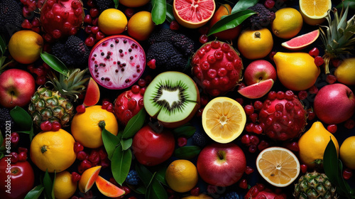 healthy tropical vegetarian vitamin diet fruits food background - by generative ai