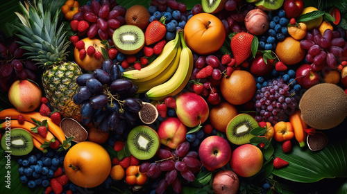 healthy tropical vegetarian fruits food background - by generative ai © CEVmemories