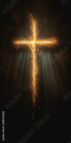 burning cross of light in the night, faith hope and devotion - by generative ai