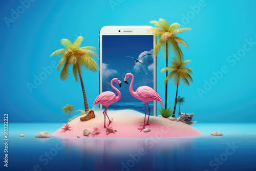 Creative 3D summer beach scene with smartphone and pink flamingos, miniature table top scene of summer vacation, 3D rendering