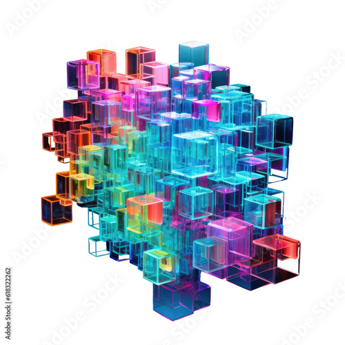 a cascade of pulsating neon cubes abstract shape, 3d render style, isolated on a transparent background, generative ai