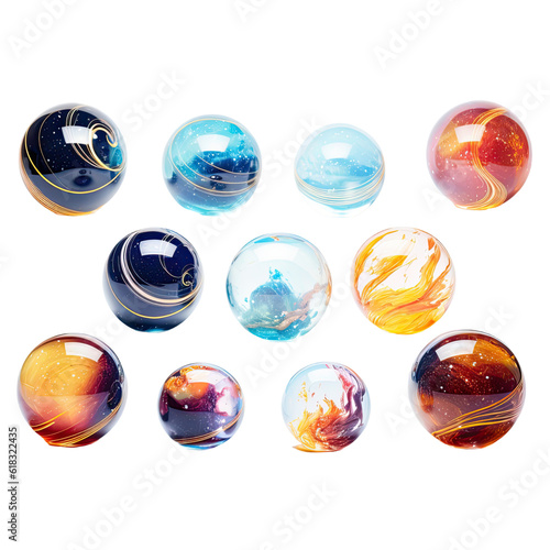 a collection of levitating translucent globes abstract shape, 3d render style, isolated on a transparent background, generative ai