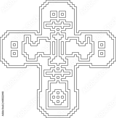 Cross with black and white geometrical patterns . Line Art.