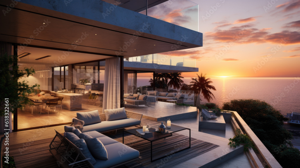 luxury villa with private pool by the sea at sunset. modern architecture. Generative AI